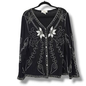 Once Again Embroidered Button Front‎ Long Sleeve V Neck Blouse Shirt Women XL